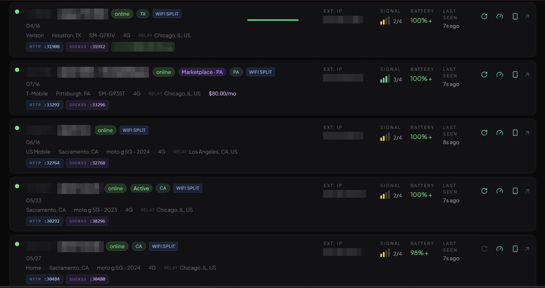 PocketProxy console showing live mobile proxy devices with carrier, signal, battery, and proxy ports