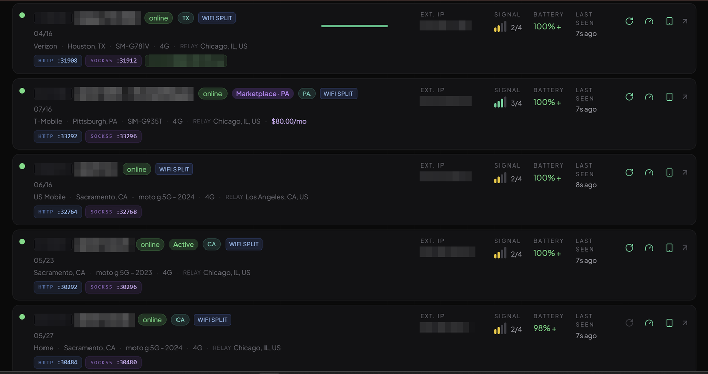 The PocketProxy operator dashboard showing a fleet of paired Android phones with their carrier, city, signal, battery, and HTTP, SOCKS5, and OpenVPN proxy ports
