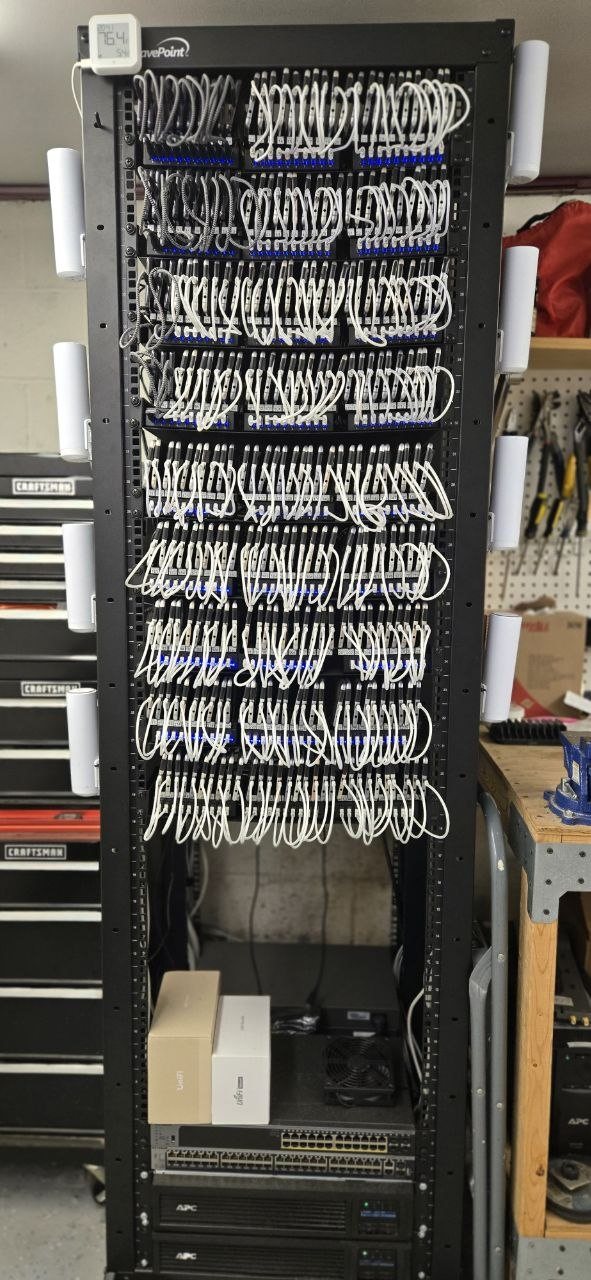A rack of real Android phones wired into networking gear in a PocketProxy deployment, each phone provides a live mobile proxy on a real 4G/5G carrier IP