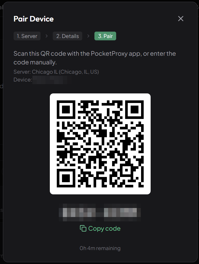 The PocketProxy pair-device screen showing a QR code and pairing code, scan it in the app and the Android phone goes live as a mobile proxy in under a minute